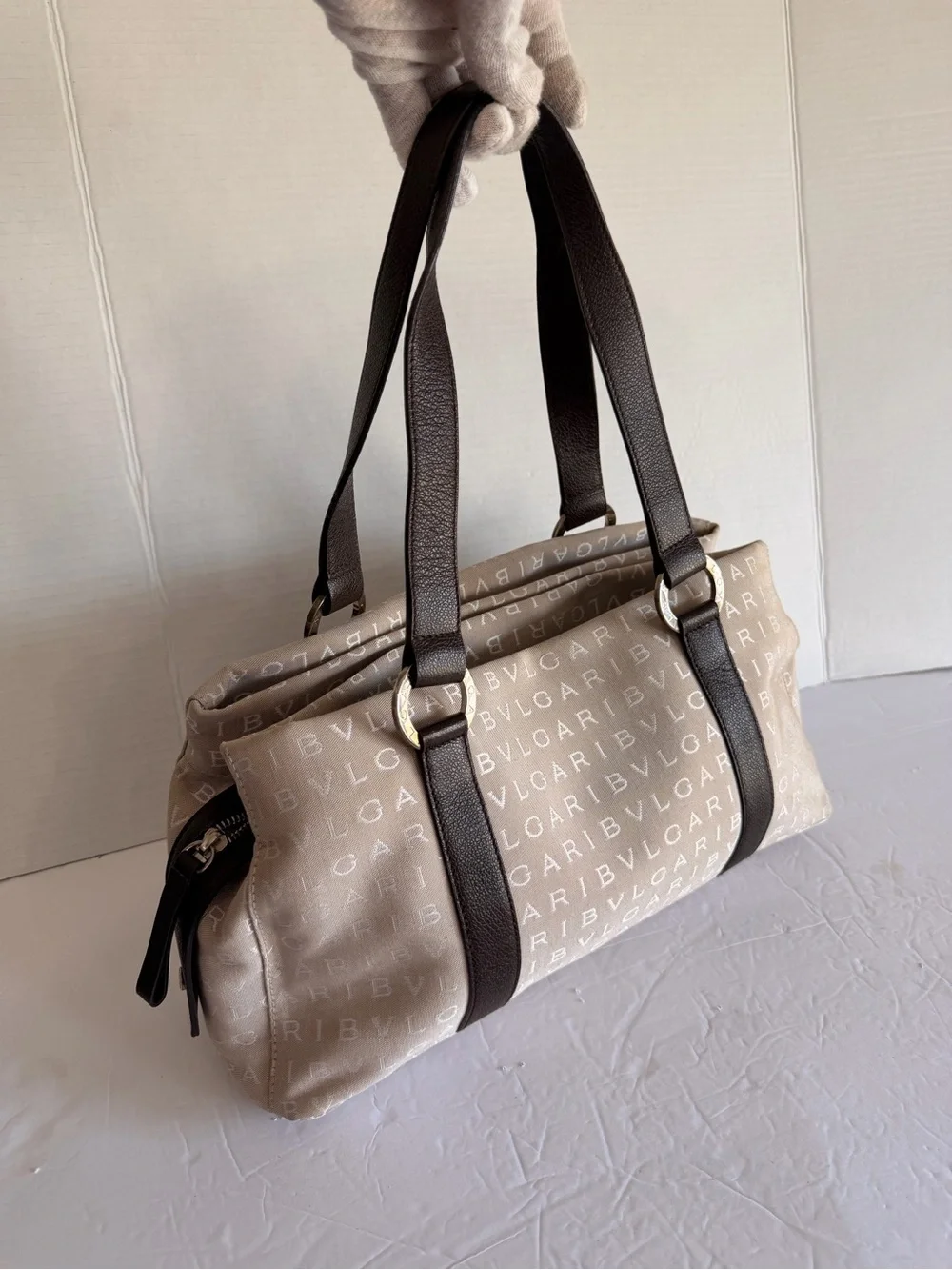 Bulgari Beige Logo Shoulder Bag with Brown Trim and Lilac Interior